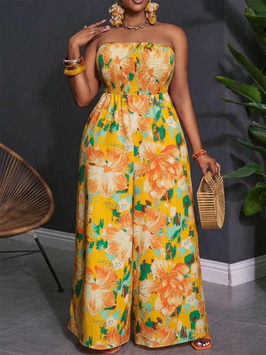 Slaydiva Bộ jumpsuit ống rộng dáng ôm họa tiết hoa, chất liệu vải dệt in kỹ thuật số, dành cho kỳ nghỉ biển mùa xuân/hè 2025, cỡ lớn, dành cho nữ.