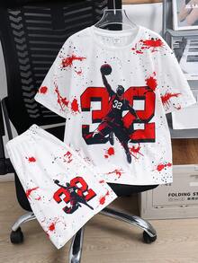 SHEIN Bộ 2 món thể thao thường ngày cho bé trai, kiểu dáng rộng rãi, họa tiết graffiti đường phố với 32 chữ cái và số, gồm áo thun ngắn tay và quần short, thích hợp cho các hoạt động ngoài trời, đi học, phong cách đường phố, tiệc tùng và giải trí, giá cả phải chăng, phù hợp cho mùa xuân, hè và thu. - Đỏ - Xem 9