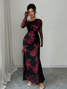 Rafferiza Đầm xẻ tà bất đối xứng bằng vải lưới Jacquard dành cho nữ - Đỏ và đen - Xem 5