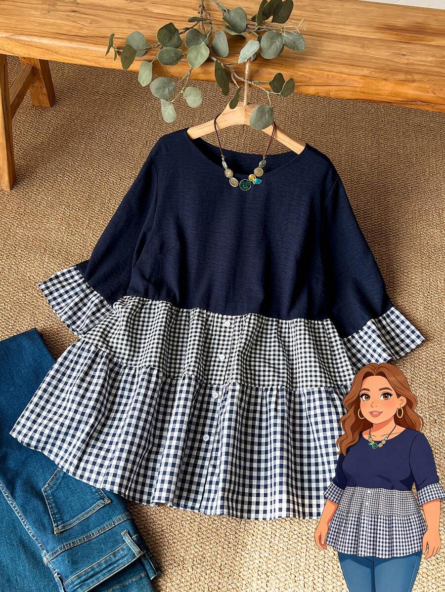 Rusticease 大码女式夏季休闲度假乡村风圆领七分袖格子拼接撞色罩衫，蓝色衬衫，适合早春假期、度假、节日、春季外出，2026新款，简约时尚，日常穿着，大码束腰上衣 - 藏蓝色 - 查看 1