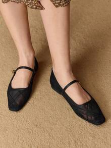 MOTF Sepatu Flat Jaring Transparan Kasual Wanita untuk Perjalanan Sehari-hari, Sepatu Musim Semi - Hitam - View 5