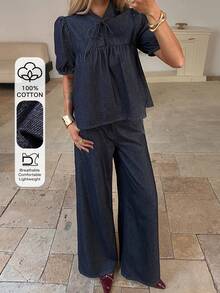 Livesso Spring & Summer Loose Casual Raw Denim Shirt And Wide Leg Jeans Set, Women's Old Money Luxury Denim Outfit - Blue - View 1