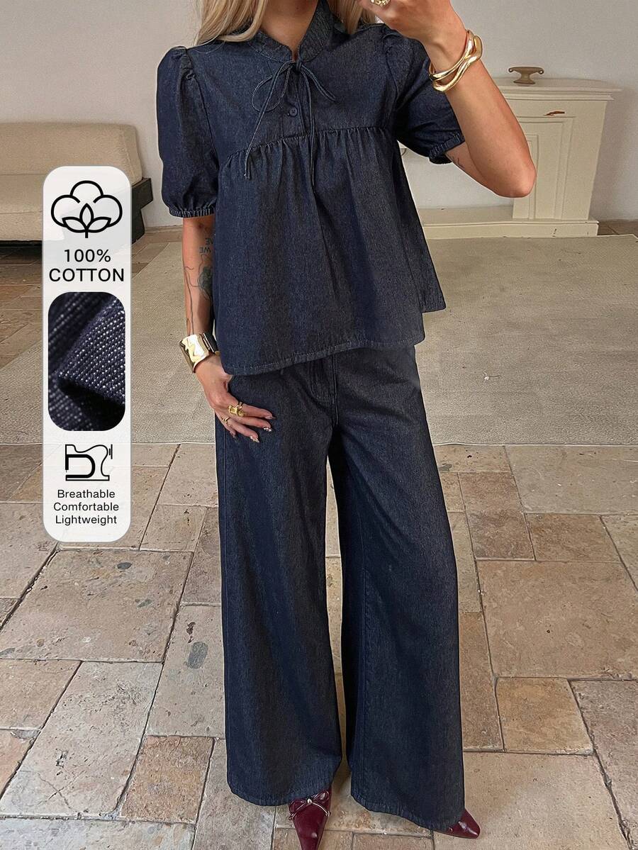 Livesso Spring & Summer Loose Casual Raw Denim Shirt And Wide Leg Jeans Set, Women's Old Money Luxury Denim Outfit - Blue - View 1