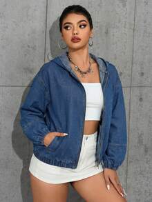 StreetHx Women's Solid Color Drop Shoulder Long Sleeve Fashionable Loose Denim Jacket - Dark Wash - View 3