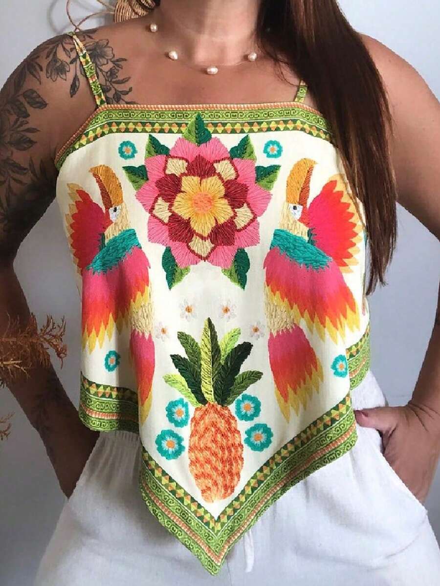 Breezaya 女士夏季度假风格花卉印花不对称下摆吊带背心图案 T 恤女士上衣 - 彩色 - 查看 1