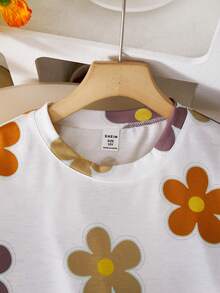 Sparklyn 2pcs/Set Girls Floral All-Over Print T-Shirt And High Waist Textured Wide Leg Pants Set - Khaki - View 3