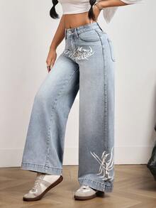SHEIN PETITE Women's Gothic Pattern Pocket Wide Leg Loose Casual Jeans - Blue - View 3