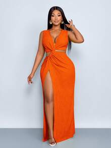 SOLERSUN Plus-Size Women's Sexy Spring/Summer Dress, Solid Color Textured Fabric, High-Slit Long Skirt, Cutout Waist With Knotted Details, Suitable For Romantic Occasions, Valentine's Day, Parties, Music Festivals, Beach Vacations, And Other Vacation Wear. Stylish And Versatile, Perfect For Summer Getaways. Curve Skirt Set Brunch 2 Piece Set Orange 2 Piece Set Curve Sexy Dress - Burnt Orange - View 6