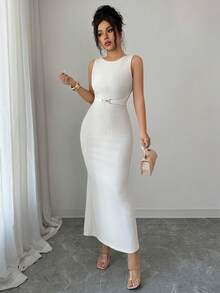 Elenzga Elegancka sukienka damska na wakacje, morelowa dzianinowa sukienka bez rękawów z okrągłym dekoltem i rozcięciem - Morela - Zobacz 4