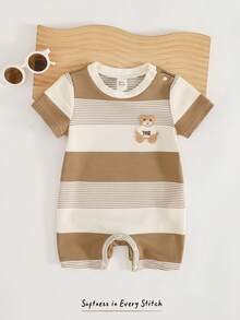 Cozy Pixies Baby Boy Cartoon Bear Striped Round Neck Short Sleeve Romper Shorts, Versatile & Comfortable - Khaki - View 7