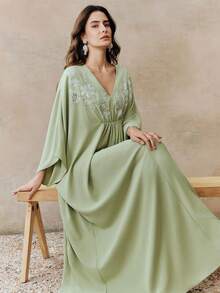 Anewsta Đầm dạ hội dài tay kiểu Bohemian mới dành cho nữ, đính cườm, thanh lịch, thích hợp cho tiệc sinh nhật và các dịp trang trọng, mùa xuân/hè. - màu xanh lá - Xem 1