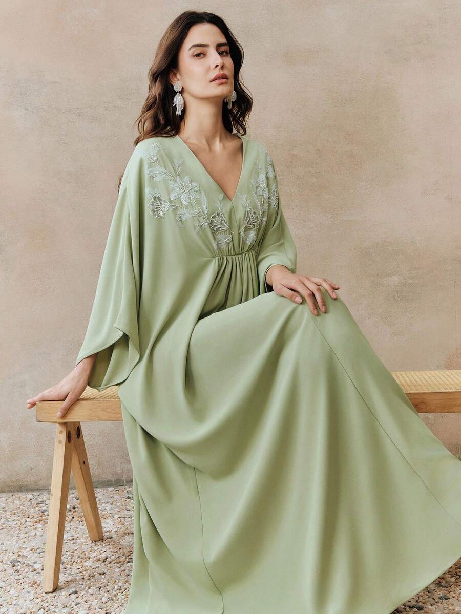 Anewsta Đầm dạ hội dài tay kiểu Bohemian mới dành cho nữ, đính cườm, thanh lịch, thích hợp cho tiệc sinh nhật và các dịp trang trọng, mùa xuân/hè. - màu xanh lá - Xem 1
