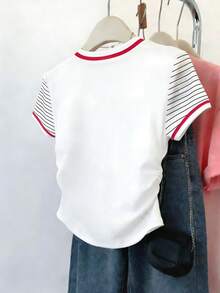 Franclia 女士户外上衣，夏季新品，室内外皆宜，白色，图案设计，黑白条纹袖印花，修身褶皱腰部T恤，女士夏季短袖 - 白色 - 查看 2