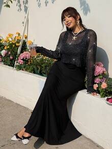 SHEIN EZwear 2026春夏新款休闲日常穿搭派对约会生日音乐节返校毕业度假多场合透视宽松网纱闪亮露脐上衣和紧身露背长裙套装，黑色，大码 - 黑色 - 查看 5
