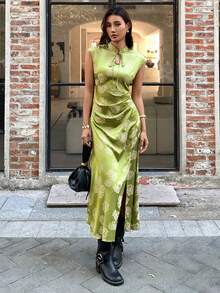 EastFlair New Chinese Style Green Jacquard Long Dress - Green - View 1