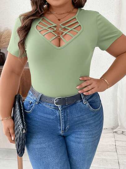 SHEIN Clasi Plus Size Crossed Collar O-Ring Detail Short Sleeves Sexy Bodysuit