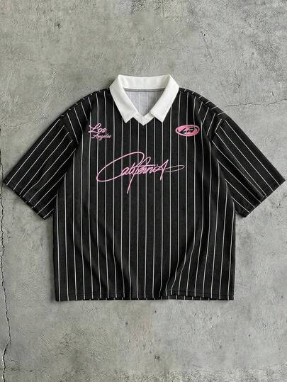 AXEPEAK Polo à manches courtes décontracté pour hommes, imprimé de rayures et de lettres, été