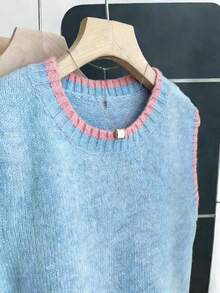 Franclia 女士休闲宽松圆领无袖针织撞色滚边卡其色毛衣上衣，春秋季 - 水鴨藍 - 查看 5