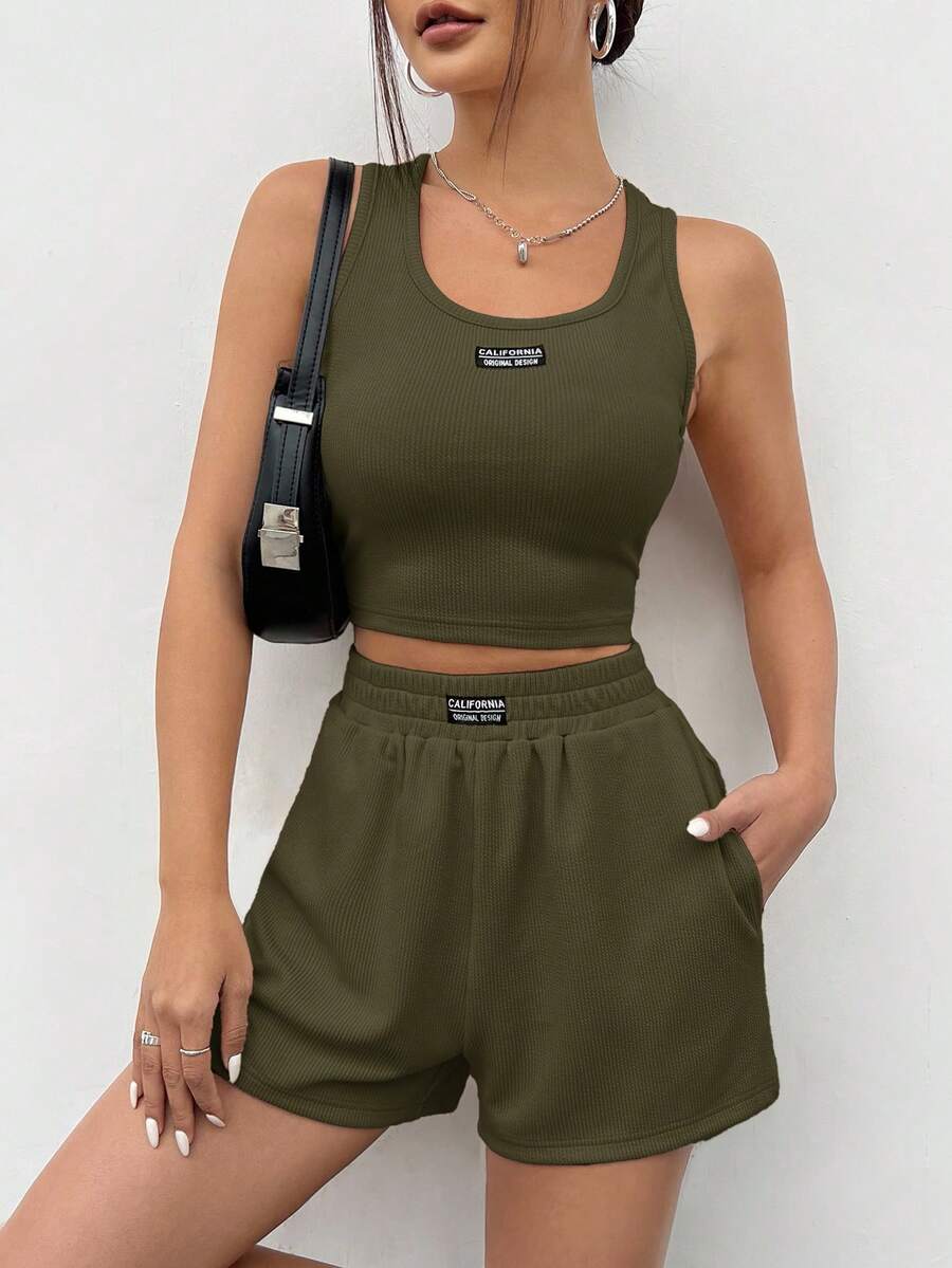 SHEIN EZwear 橄榄绿针织无袖女士运动休闲背心套装，夏季 - 軍綠色 - 查看 1