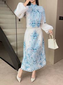 DAZY Women's Elegant Floral Print Mandarin Collar Blouse And A-Line Skirt 2-Piece Set, Spring/Summer - Blue - View 6