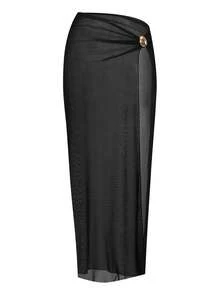 Swim Chiccia Bộ 3 món Xuân/Hè: Áo bikini màu trơn có gọng điều chỉnh được dây đeo, quần bikini cạp cao và chân váy lưới, bộ đồ bơi thanh lịch dành cho nữ, thích hợp cho kỳ nghỉ biển. - màu đen - Xem 6