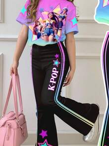 Tween女孩黑粉夏季牛仔風校園多巴胺漸層彩色彩虹條紋 K-POP 卡通女孩肖像星星印花 T恤與長褲套裝 - 彩色 - 查看 5