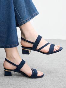 CUCCOO BIZCHIC Giày sandal mũi tròn màu xanh hải quân dành cho nữ, kiểu dáng thanh lịch kiểu Pháp, quai ngang dày, gót cao, phù hợp với váy mùa hè. - Màu xanh lam - Xem 4