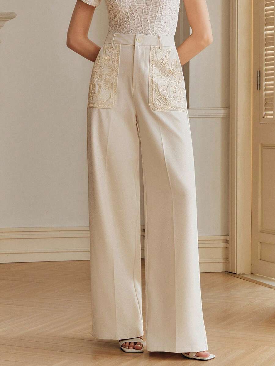 Anewsta Pantalones elegantes y lujosos de mujer con bordado, color beige, adecuados para primavera y otoño - Beis - Ver 1