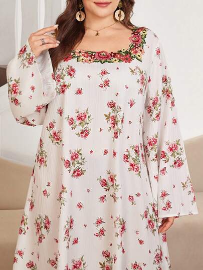 Al Najma Đầm cỡ lớn kiểu Ả Rập dành cho phụ nữ, họa tiết in nổi, phối nhiều màu sắc, cổ áo thêu, kiểu dáng mùa xuân.