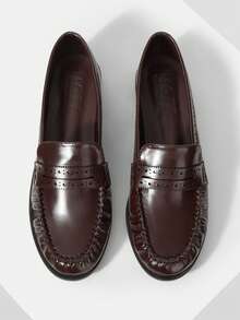 MOTF 女士休闲日常办公通勤学校风PU皮褶皱圆头平底乐福鞋 - 咖啡棕 - 查看 4