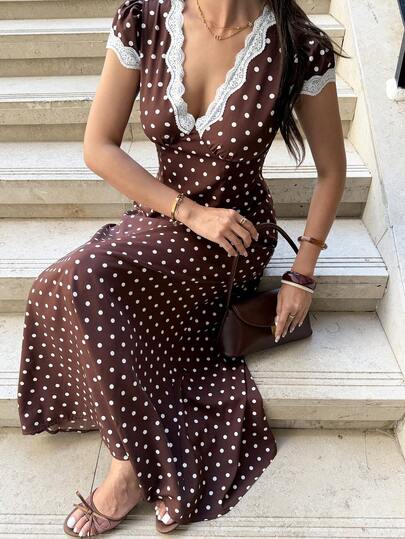 Pariaura Vintage French Wine Red Satin Dress Women, Lace V-Neck Waist Midi Dress, Elegant Tea Length Dress With Vacation Vibe