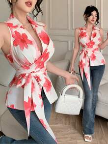 Celisse Women's Floral Print Collared Sleeveless Cinched Waist Shirt, Summer Vacation - Pink - View 1