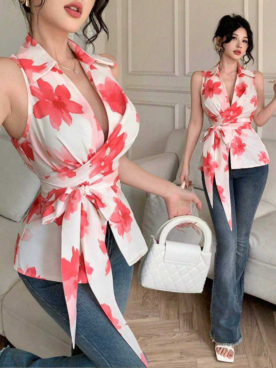 Celisse Women's Floral Print Collared Sleeveless Cinched Waist Shirt, Summer Vacation - Pink - View 1