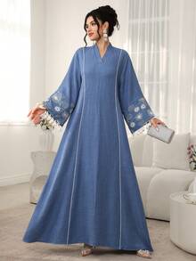 Al Najma Loose Casual Embroidered Tassel Cuff Women's Turkish & Arabic Traditional Long Tunic - Blue - View 4