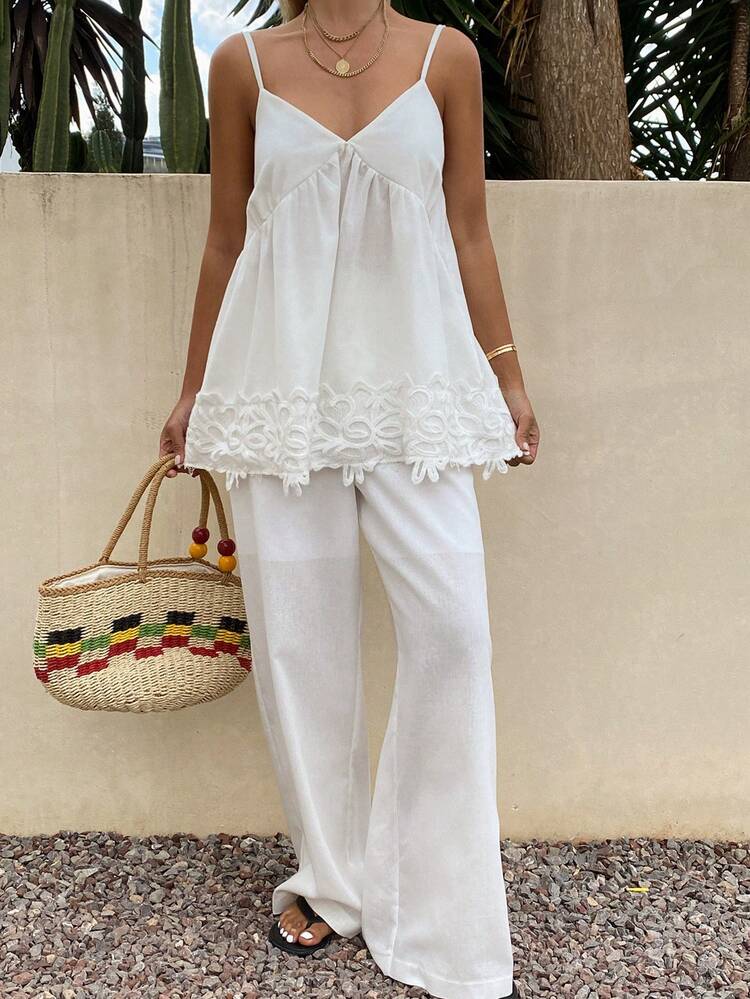 2pcs/Set Women Casual Lace Patchwork Camisole Top And Pants