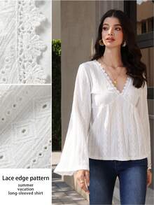 Mulvari Women's French Style Summer Beach Vacation V-Neck Long Sleeve Lace Trim Shirt Lantern Sleeve Blouse White Boho Top V Neck Blouse White Long Sleeve Blouse New Arrival Blouse Blouse For Women Casual Elegant - White - View 6
