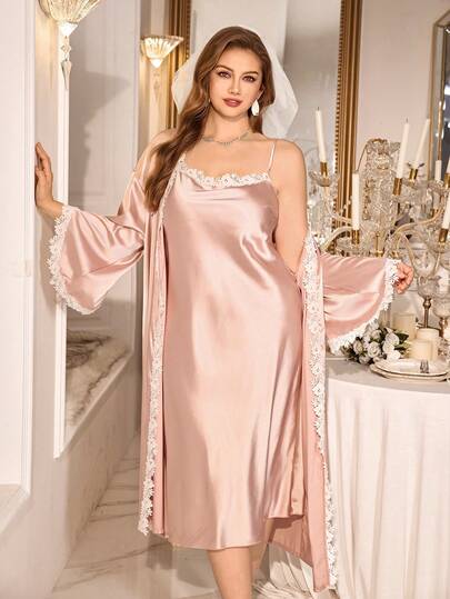 大码优雅缎面吊带连衣裙及睡袍套装