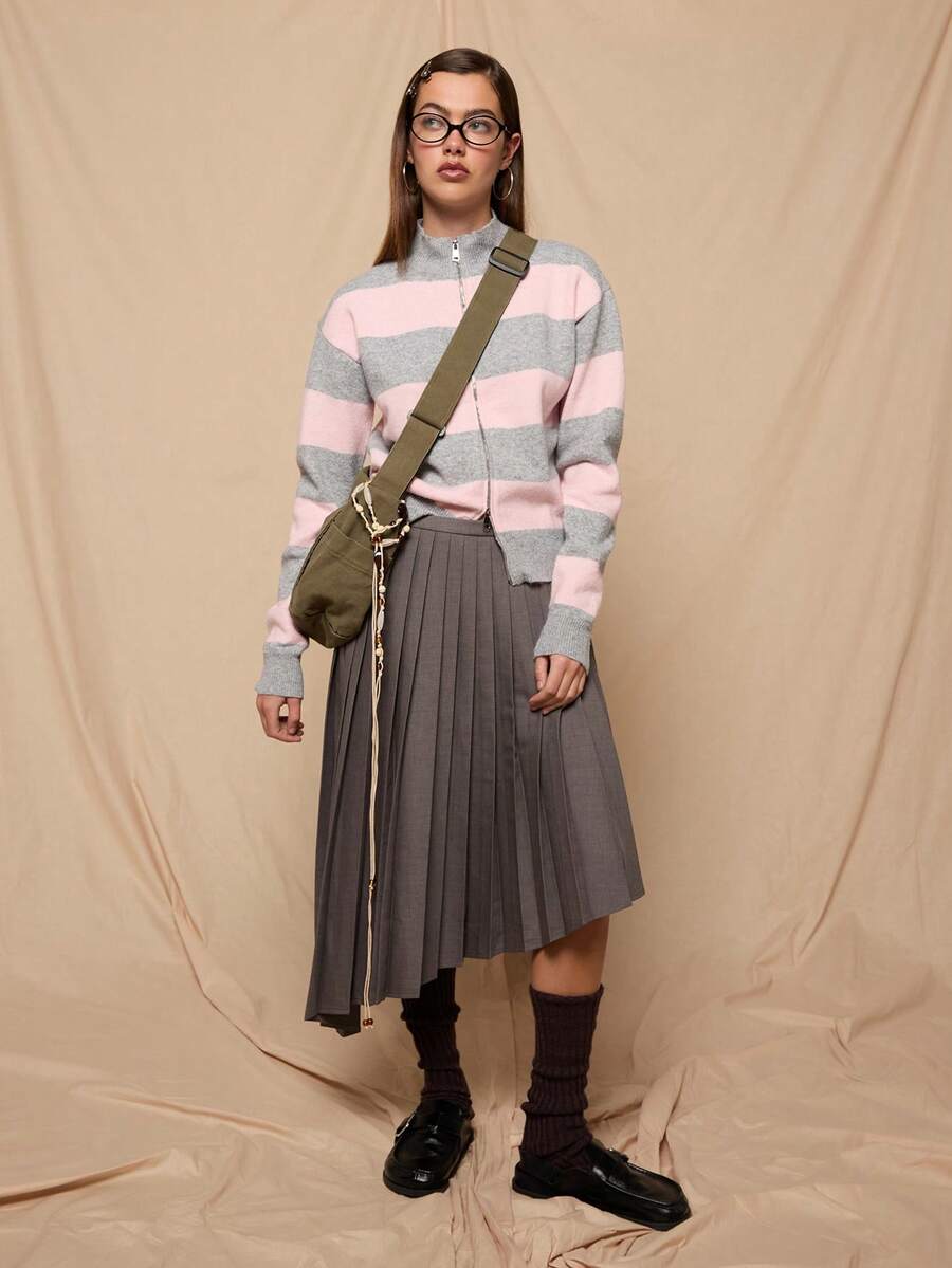 COUREZ Long Sleeve Zip Up Cardigan In Stripe /Y2K Spring Clothes For Women Cute Cardigans Going Out Tops Party Outfits  Summer Tops Summer Outfits - Pink - View 1