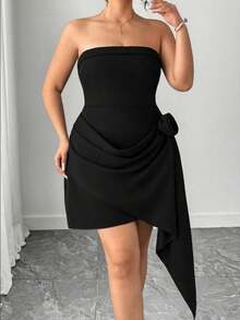 Elenzga Plus Size Elegant 3D Floral Asymmetrical Hem Strapless Waist Cinched Dress, Black Summer Curve Cocktail Tube Bandeau Dress - Black - View 7