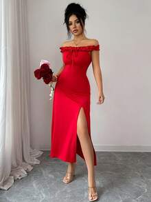 Franclia 女士性感优雅露肩紧身连衣裙，高开衩设计，红色 - Fiery Red - 查看 5