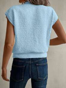 EMERY ROSE 秋冬季法式温柔风格杏色高领休闲不对称抓绒毛衣背心，适合外出和参加派对 - 水鴨藍 - 查看 2