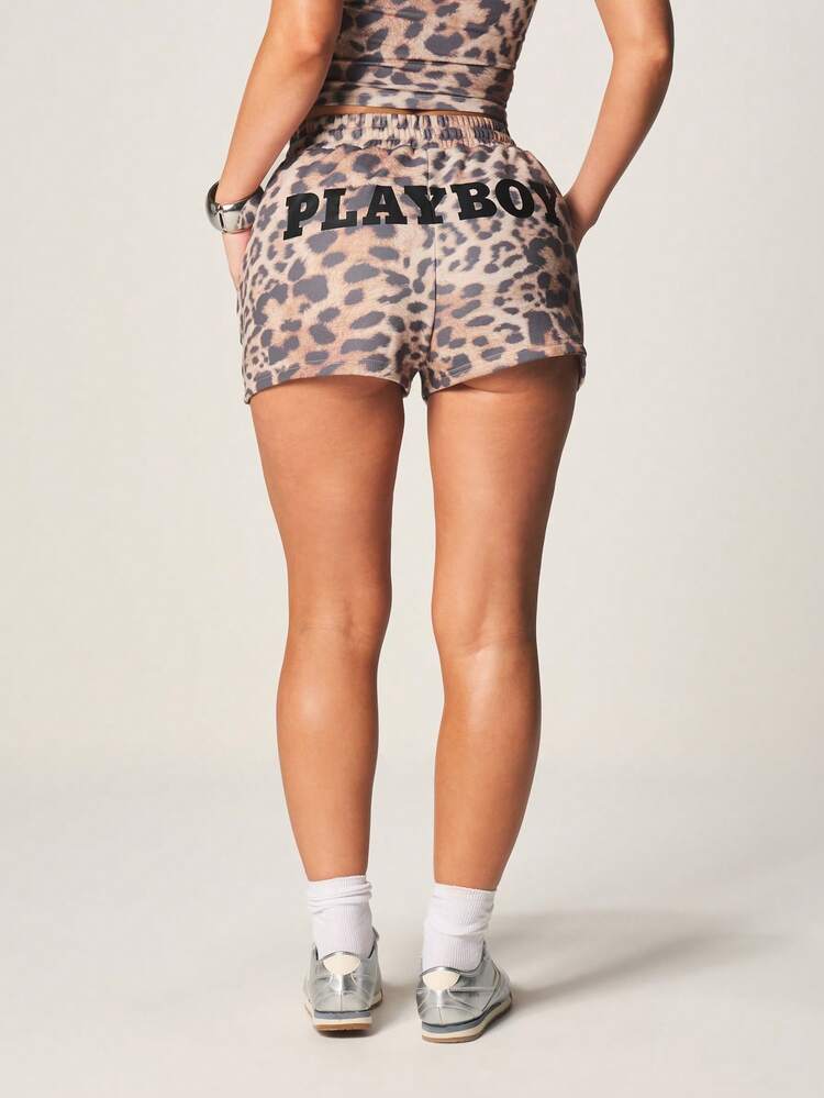 Missguided x Playboy Leopard Print Drawstring Jogger Shorts With Bunny Logo Detail And Elastic Waistband For Casual Loungewear