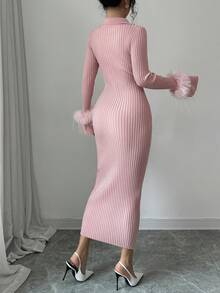 Elenzga Long Fitted Fuzzy Cuff Decoration Knit Dress - Pink - View 2