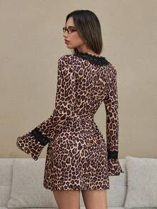 HautHeat Women's V-Neck Leopard Print Lace Tie-Waist Sexy Nightgown Sleepwear Dress - Coffee Brown - View 2