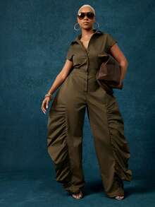 Vixey Olive Ruched Wide Leg Shirred Back Button Up Woven Utility Jumpsuit - Olive Green - View 1