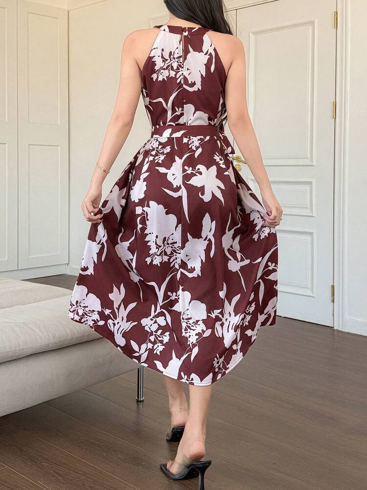 Women's Elegant Floral Print Sleeveless Midi Dress With Waist Belt, Summer Wedding Guest Dress Sundress Boho