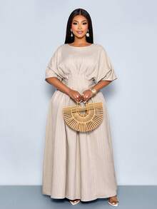 SOLERSUN Plus Size Women Summer Casual Vacation Style Batwing Sleeve Pleated Waist Tie Back Dress - Grey - View 4