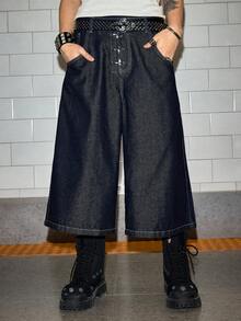 ROMWE MEN Grunge Punk 男士宽松飞机扣阔腿休闲牛仔短裤 - 藍色 - 查看 5