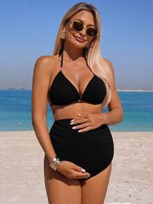 Swim Vcay 2026SS Nouvelle arrivée de maillots de bain pour femmes pour les vacances, les rendez-vous, l'Occident, les croisières, la plage, les îles, les road trips, toutes les saisons, les festivals de musique, les vacances bohèmes, les vacances bohèmes, les shorts plissés bohèmes décontractés d'automne Y2K, les ensembles de plage d'été vintage élégants et décontractés pour la maternité. Ensemble de deux pièces de maillot de bain noir pour femme, tenue de vacances à la plage en deux pièces, ensemble de bikini en deux pièces pour femme - Multicolore - Voir 3