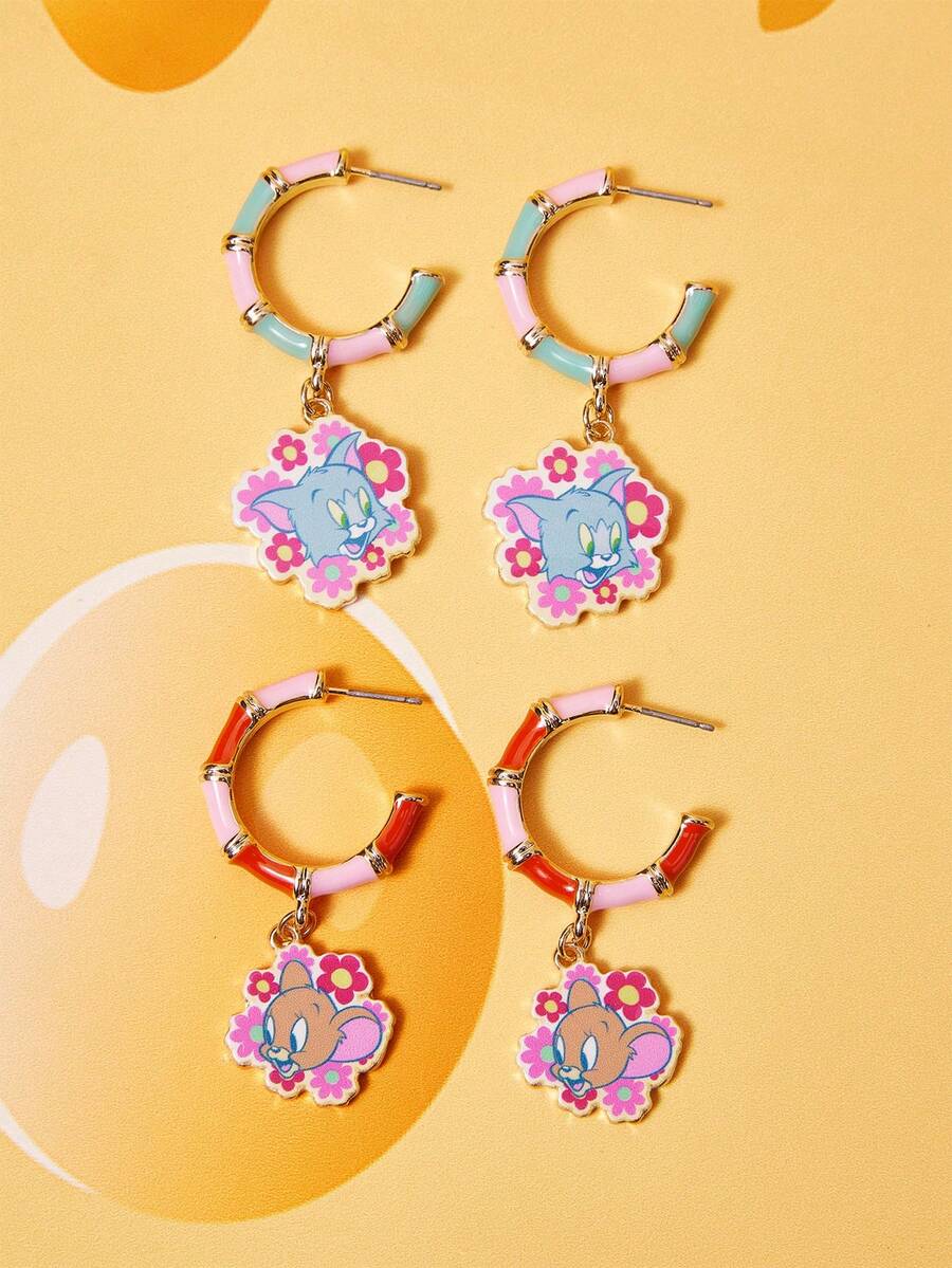 TOM & JERRY X SHEIN 1 Set Fashionable Zinc Alloy Cartoon Pattern Dangle Earrings, Simple & Elegant, Cute & Chic, Suitable For Party, Concert, Festival - Gold - View 1